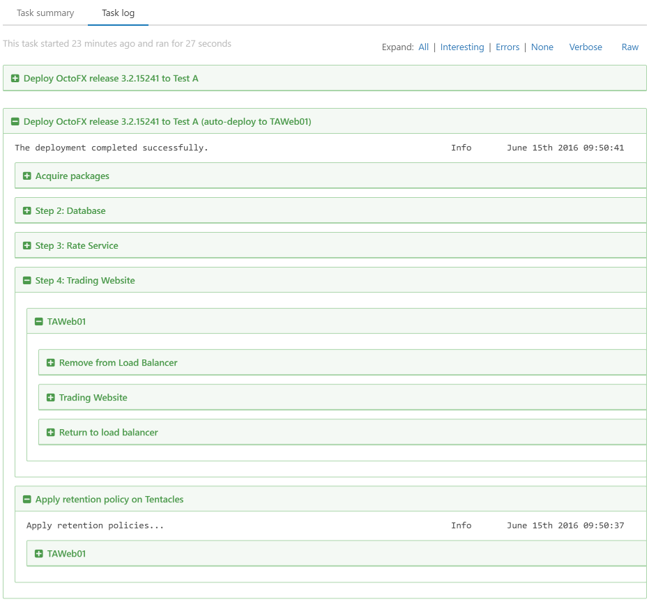 A re-queued deployment running only for the TAWeb01 target