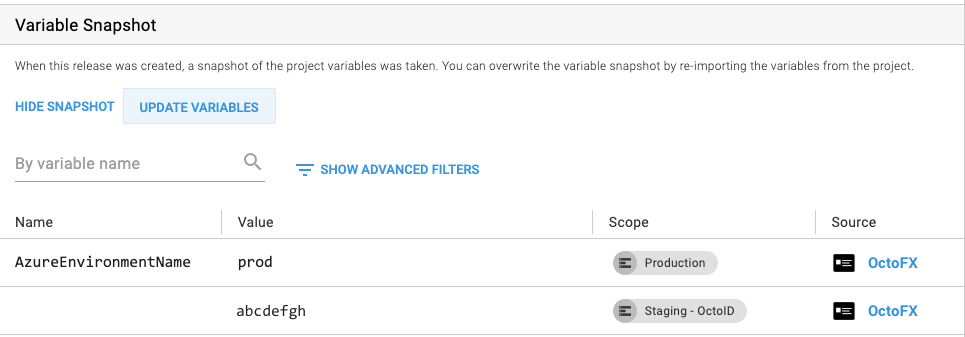 Release variable snapshot showing the Update Variables button